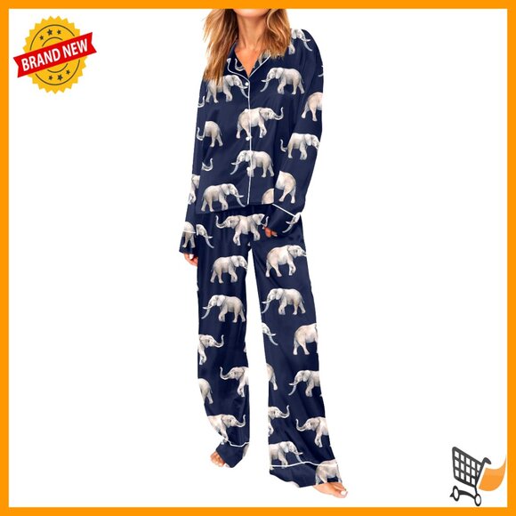 Satin Pajama Set Long Sleeve Button Down Loungewear Animal Print Sleepwear